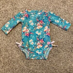 Ruffle Butts Teal Floral Long Sleeve Rash Guard Swimsuit